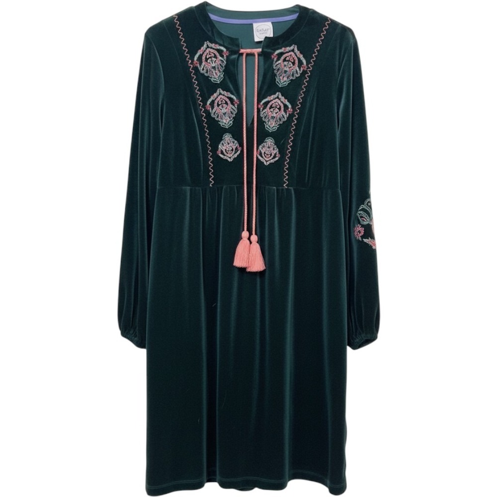 Violet Weekend Green Velvet Embroidered Tassel Boho Mini Dress Small Peasant